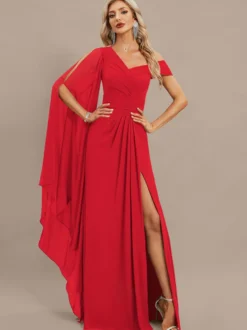 Robe de soirée trapèze asymétrique épaule dénudée longueur au sol manches courtes fermeture éclair plissée en mousseline de soie robes de soirée formelles