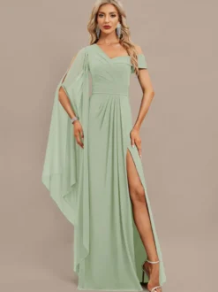 Robe de soirée trapèze asymétrique épaule dénudée longueur au sol manches courtes fermeture éclair plissée en mousseline de soie robes de soirée formelles