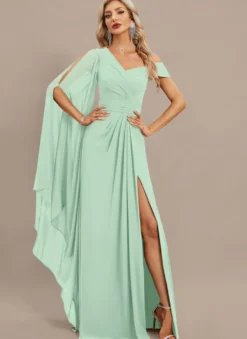 Robe de soirée trapèze asymétrique épaule dénudée longueur au sol manches courtes fermeture éclair plissée en mousseline de soie robes de soirée formelles