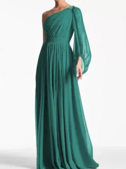 Robe de soirée trapèze asymétrique épaule dénudée longueur au sol manches longues dos nu plissée en mousseline de soie robes de soirée formelles