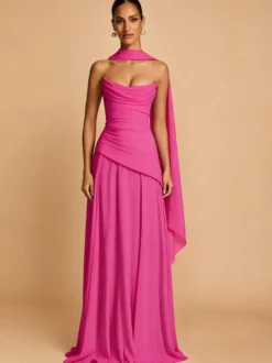 Robe de soirée trapèze bustier en mousseline avec traîne plissée robe de concours de beauté