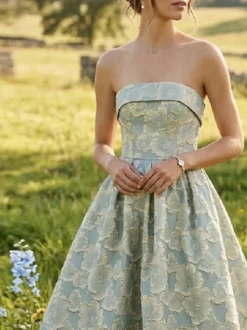 Robe de soirée trapèze bustier jacquard longueur cheville
