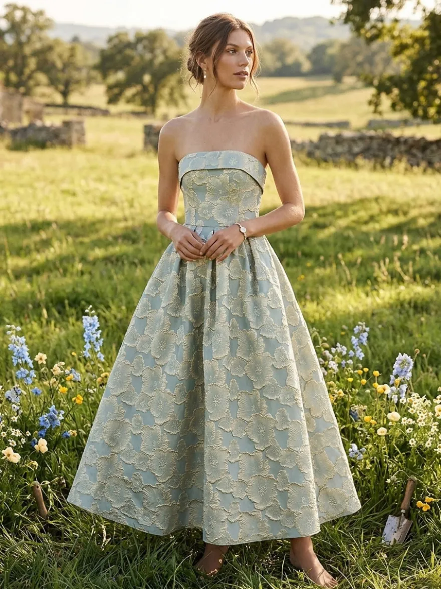 Robe de soirée trapèze bustier jacquard longueur cheville