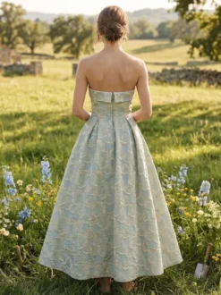 Robe de soirée trapèze bustier jacquard longueur cheville