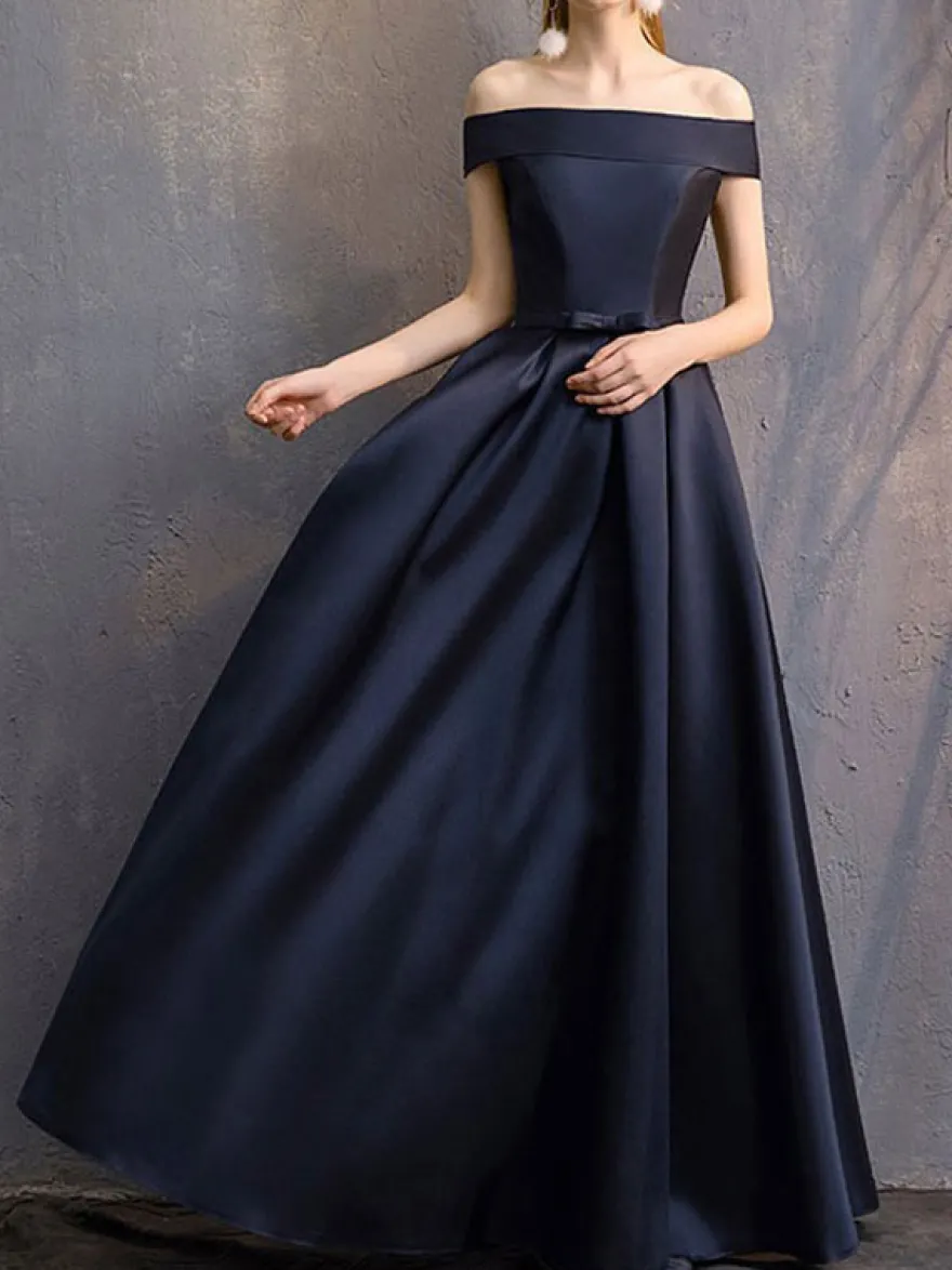 Robe de soirée trapèze col bateau longueur au sol manches courtes lacets robes de soirée formelles en polyester