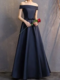 Robe de soirée trapèze col bateau longueur au sol manches courtes lacets robes de soirée formelles en polyester