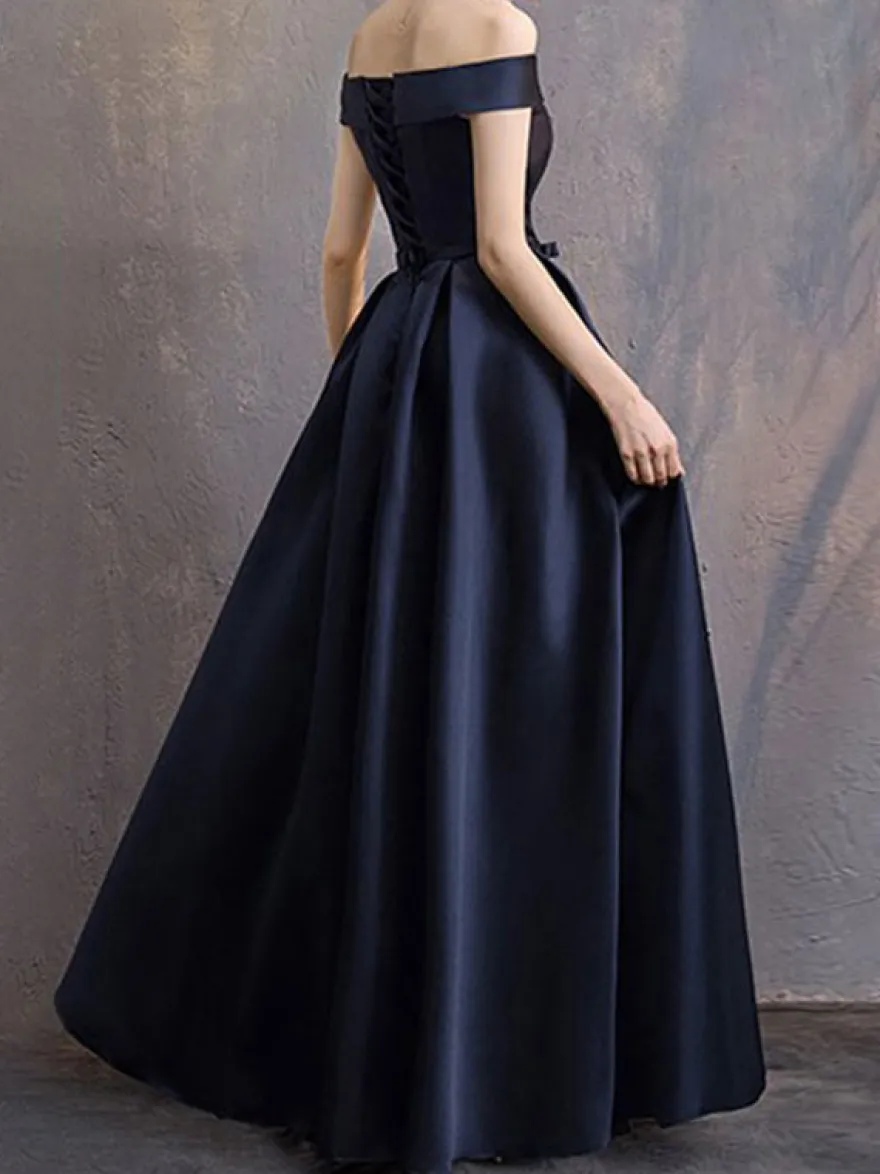 Robe de soirée trapèze col bateau longueur au sol manches courtes lacets robes de soirée formelles en polyester