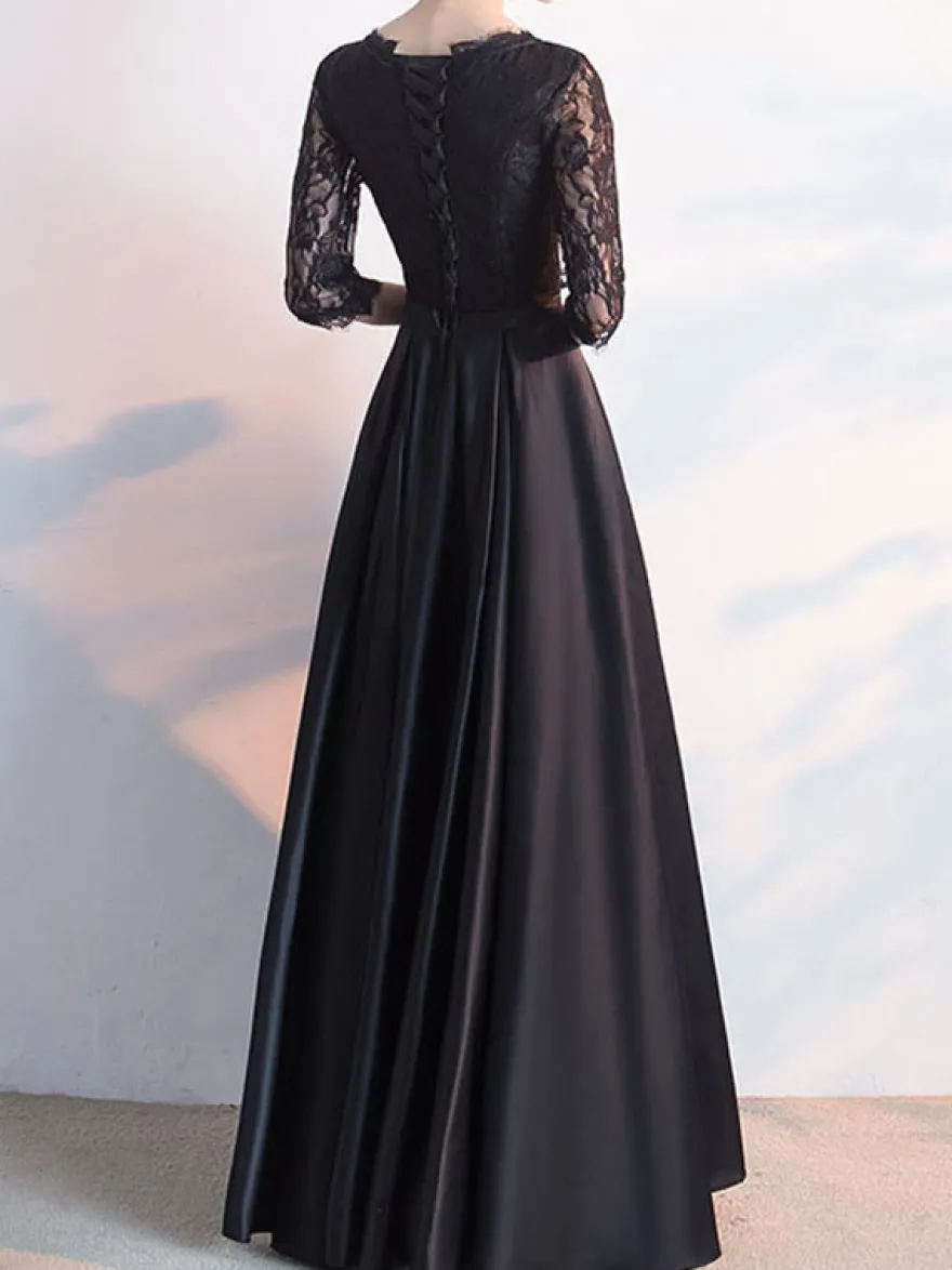 Robe de soirée trapèze col bijou longueur au sol manches longues lacets en Lycra Spandex robes de soirée sociale
