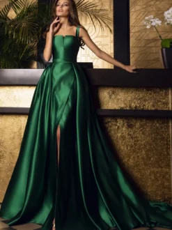 Robe de soirée trapèze col carré longueur au sol sans manches fermeture éclair tissu satiné robes de concours sociaux
