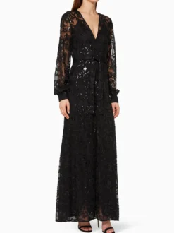 Robe de soirée trapèze col en V ceinture pailletée robes de soirée sociale