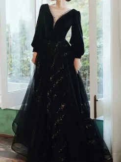 Robe de soirée trapèze col en V longueur au sol manches longues dentelle robes de soirée formelles