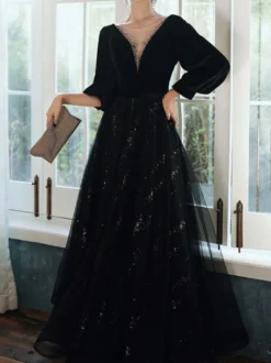 Robe de soirée trapèze col en V longueur au sol manches longues dentelle robes de soirée formelles