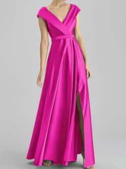 Robe de soirée trapèze col en v longueur au sol sans manches fermeture éclair ceinture tissu satiné robes de soirée formelles