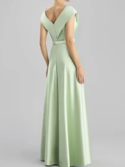 Robe de soirée trapèze col en v longueur au sol sans manches fermeture éclair ceinture tissu satiné robes de soirée formelles
