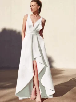 Robe de soirée trapèze col en v longueur au sol sans manches dos nu tissu satiné plissé robes de soirée formelles