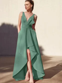 Robe de soirée trapèze col en v longueur au sol sans manches dos nu tissu satiné plissé robes de soirée formelles