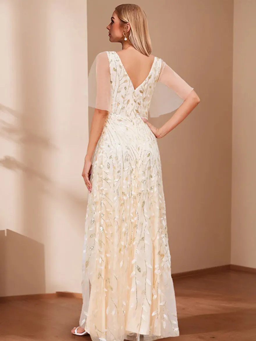 Robe de soirée trapèze à col en V ornée de sequins longue jusqu'au sol robe de cérémonie à sequins