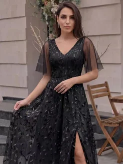 Robe de soirée trapèze à col en V ornée de sequins longue jusqu'au sol robe de cérémonie à sequins