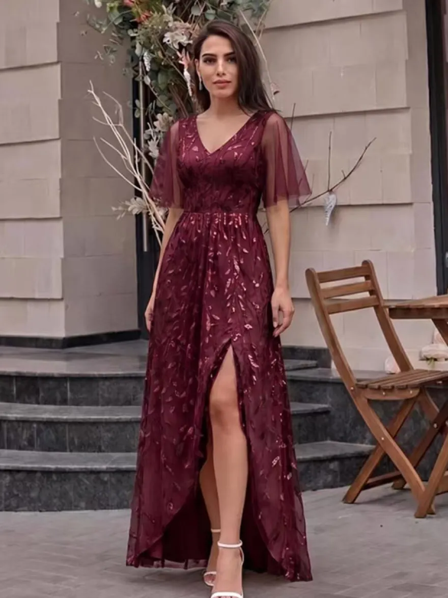 Robe de soirée trapèze à col en V ornée de sequins longue jusqu'au sol robe de cérémonie à sequins