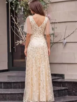 Robe de soirée trapèze à col en V ornée de sequins longue jusqu'au sol robe de cérémonie à sequins