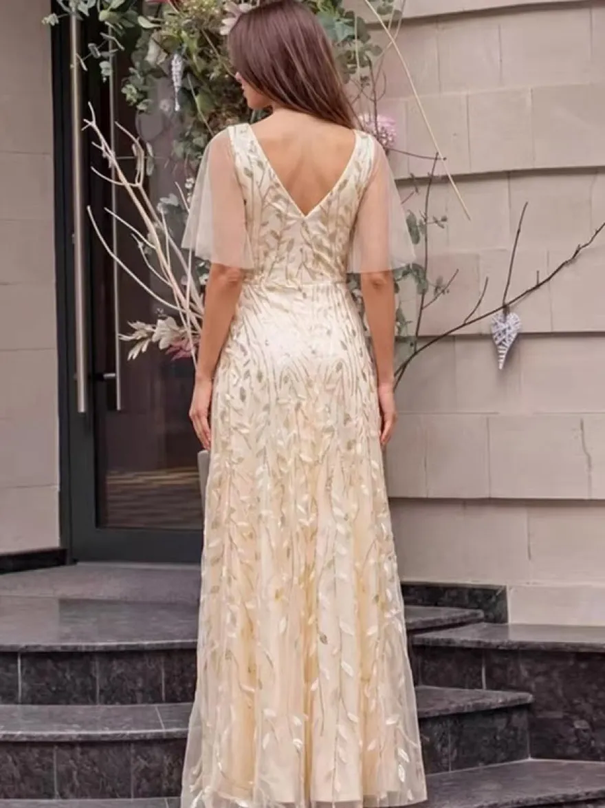 Robe de soirée trapèze à col en V ornée de sequins longue jusqu'au sol robe de cérémonie à sequins