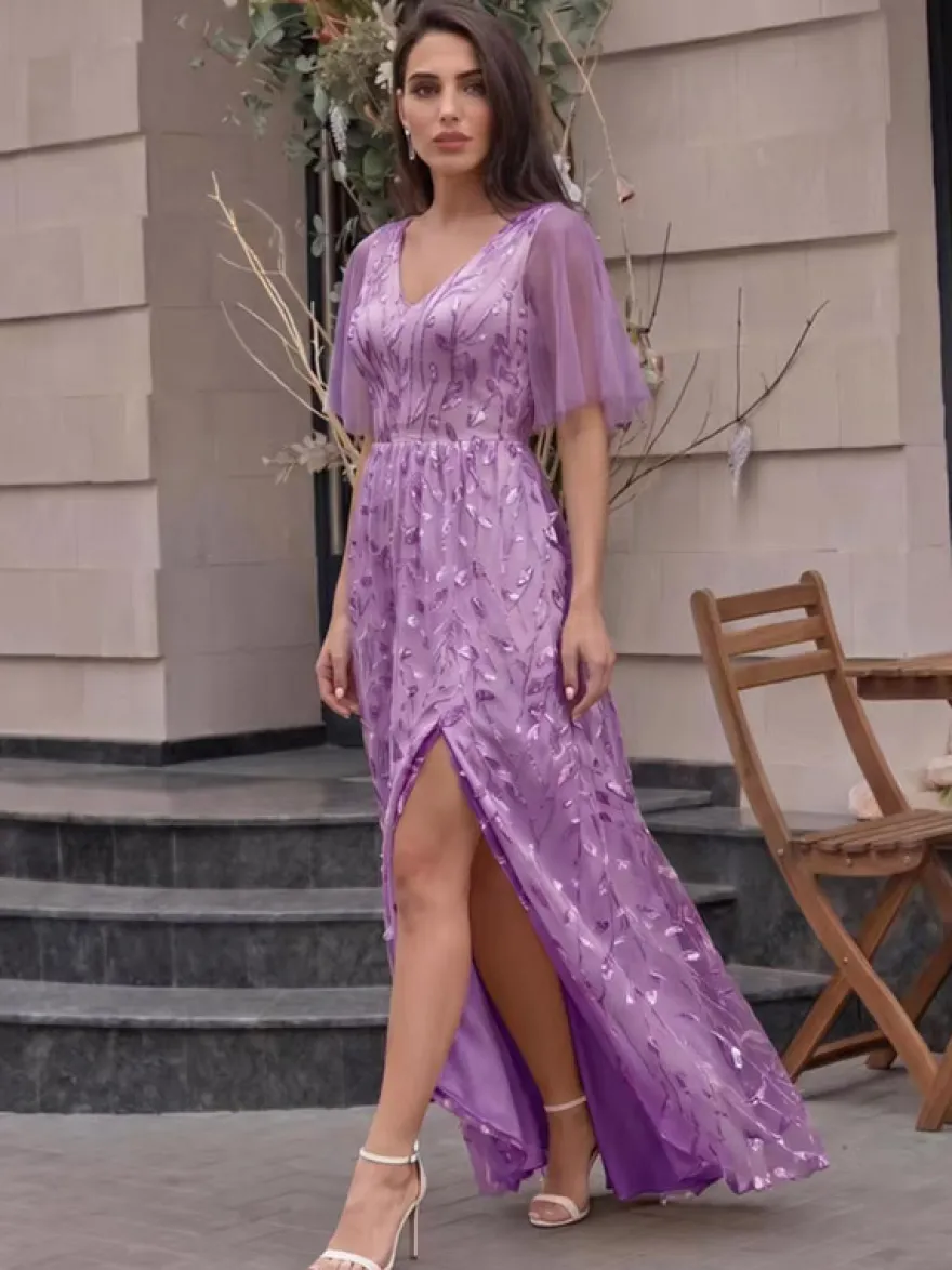 Robe de soirée trapèze à col en V ornée de sequins longue jusqu'au sol robe de cérémonie à sequins