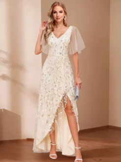 Robe de soirée trapèze à col en V ornée de sequins longue jusqu'au sol robe de cérémonie à sequins