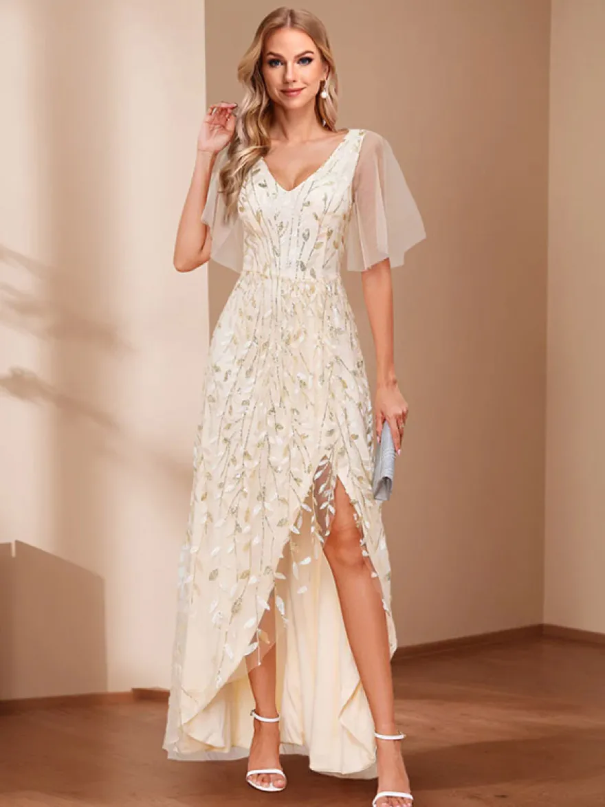 Robe de soirée trapèze à col en V ornée de sequins longue jusqu'au sol robe de cérémonie à sequins