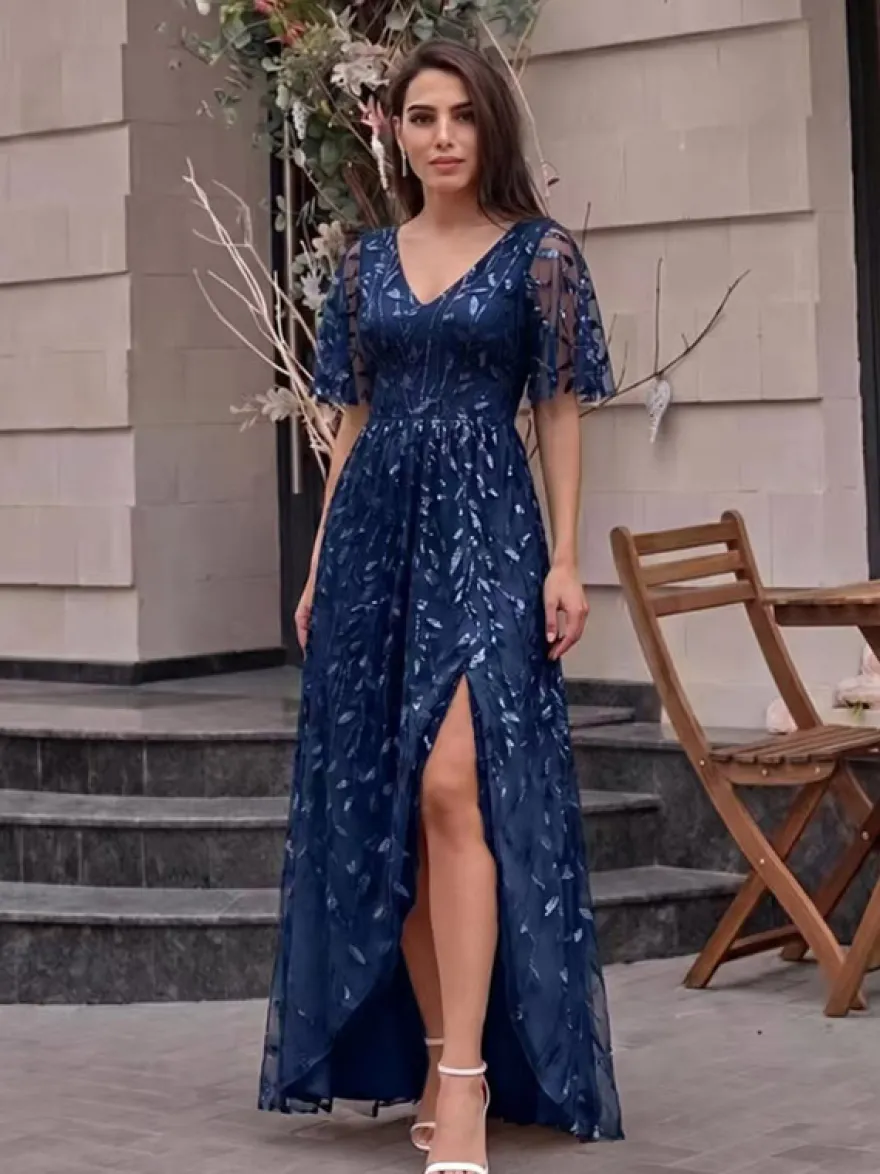Robe de soirée trapèze à col en V ornée de sequins longue jusqu'au sol robe de cérémonie à sequins