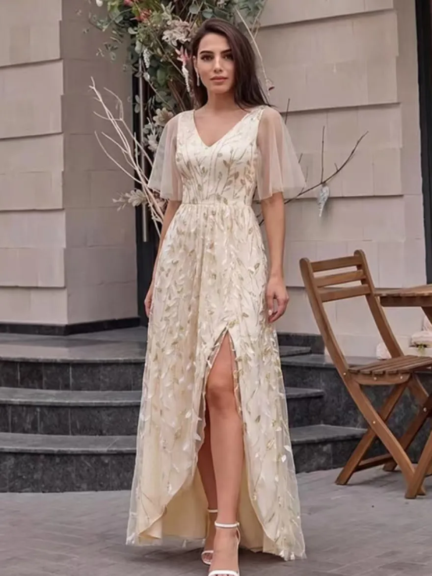 Robe de soirée trapèze à col en V ornée de sequins longue jusqu'au sol robe de cérémonie à sequins