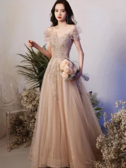 Robe de soirée trapèze décolleté illusion longueur au sol manches courtes lacets appliqués en tulle robes de soirée formelles