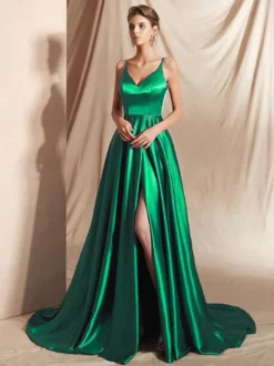 Robe de soirée trapèze en satin à col en V et traîne fendue sur le devant idéale pour les fêtes.