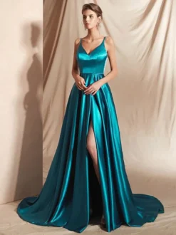 Robe de soirée trapèze en satin à col en V et traîne fendue sur le devant idéale pour les fêtes.