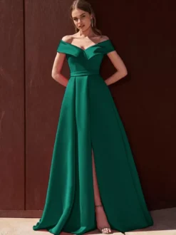 Robe de soirée trapèze épaules dénudées avec traîne sans manches fermeture éclair tissu satiné plissé robes de soirée formelles