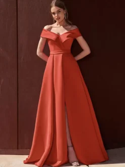 Robe de soirée trapèze épaules dénudées avec traîne sans manches fermeture éclair tissu satiné plissé robes de soirée formelles