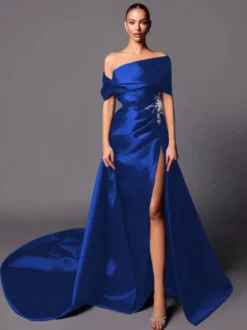 Robe de soirée trapèze à épaules dénudées avec traîne sans manches à lacets en tissu satiné plissé Robes de concours sociales