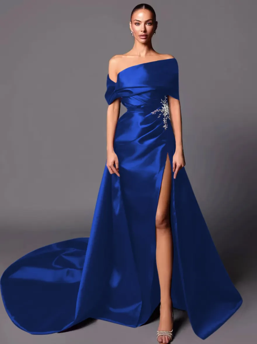Robe de soirée trapèze à épaules dénudées avec traîne sans manches à lacets en tissu satiné plissé Robes de concours sociales