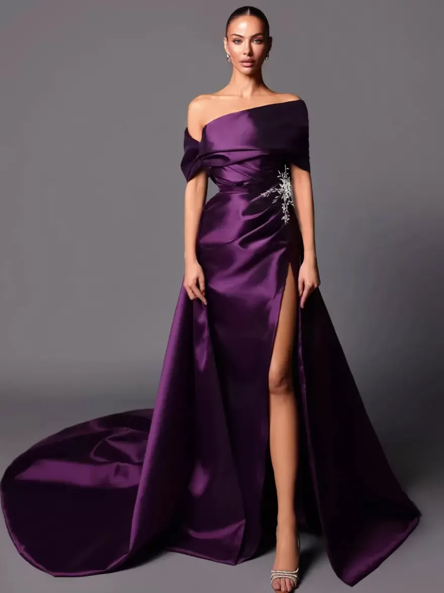 Robe de soirée trapèze à épaules dénudées avec traîne sans manches à lacets en tissu satiné plissé Robes de concours sociales