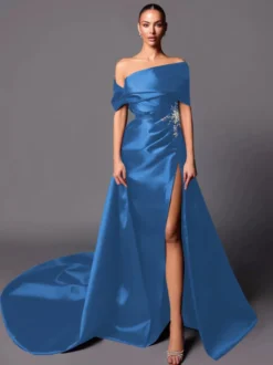 Robe de soirée trapèze à épaules dénudées avec traîne sans manches à lacets en tissu satiné plissé Robes de concours sociales