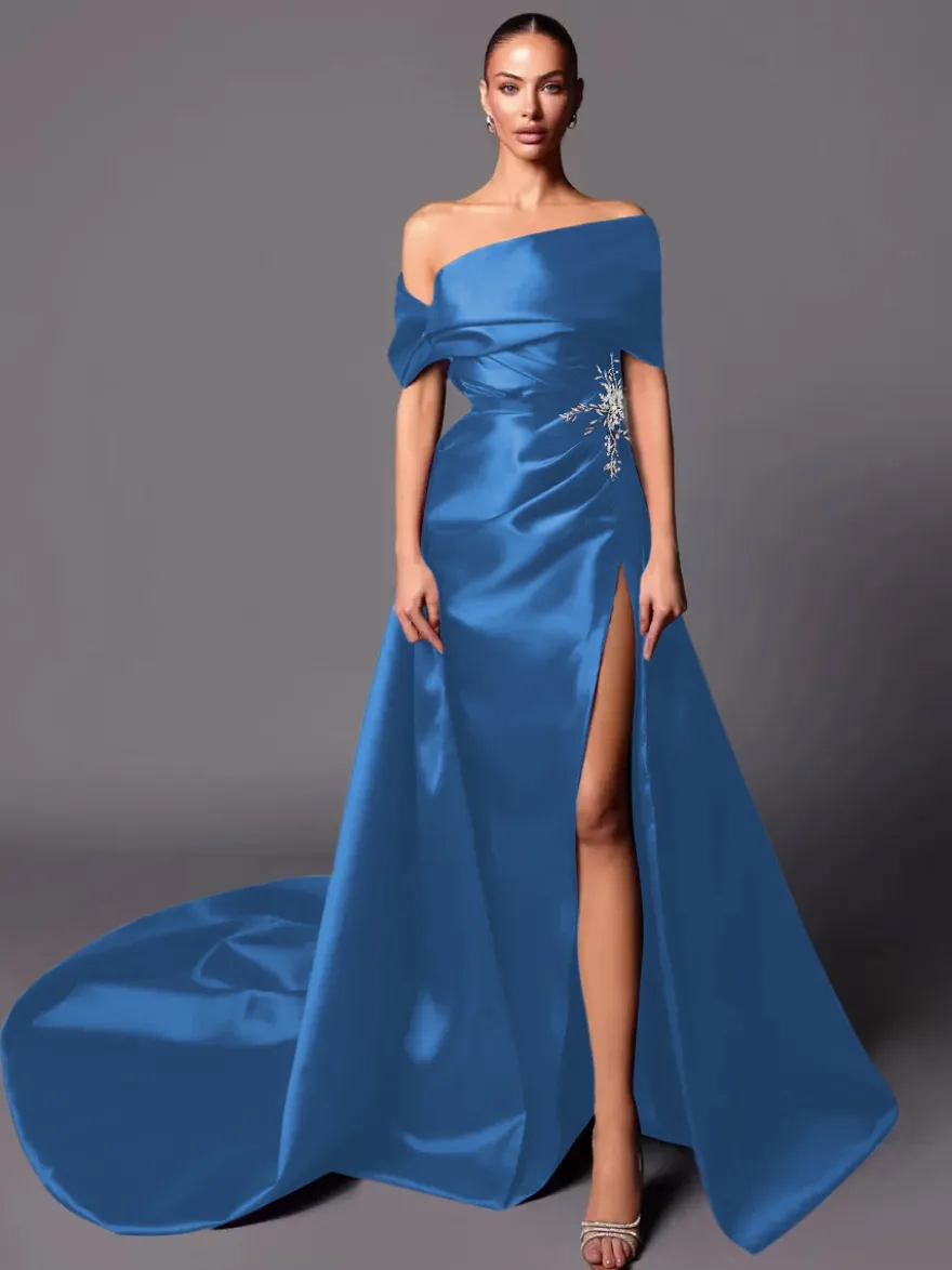Robe de soirée trapèze à épaules dénudées avec traîne sans manches à lacets en tissu satiné plissé Robes de concours sociales