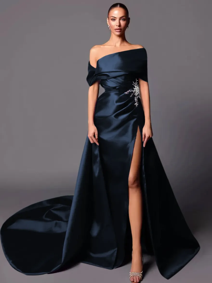 Robe de soirée trapèze à épaules dénudées avec traîne sans manches à lacets en tissu satiné plissé Robes de concours sociales