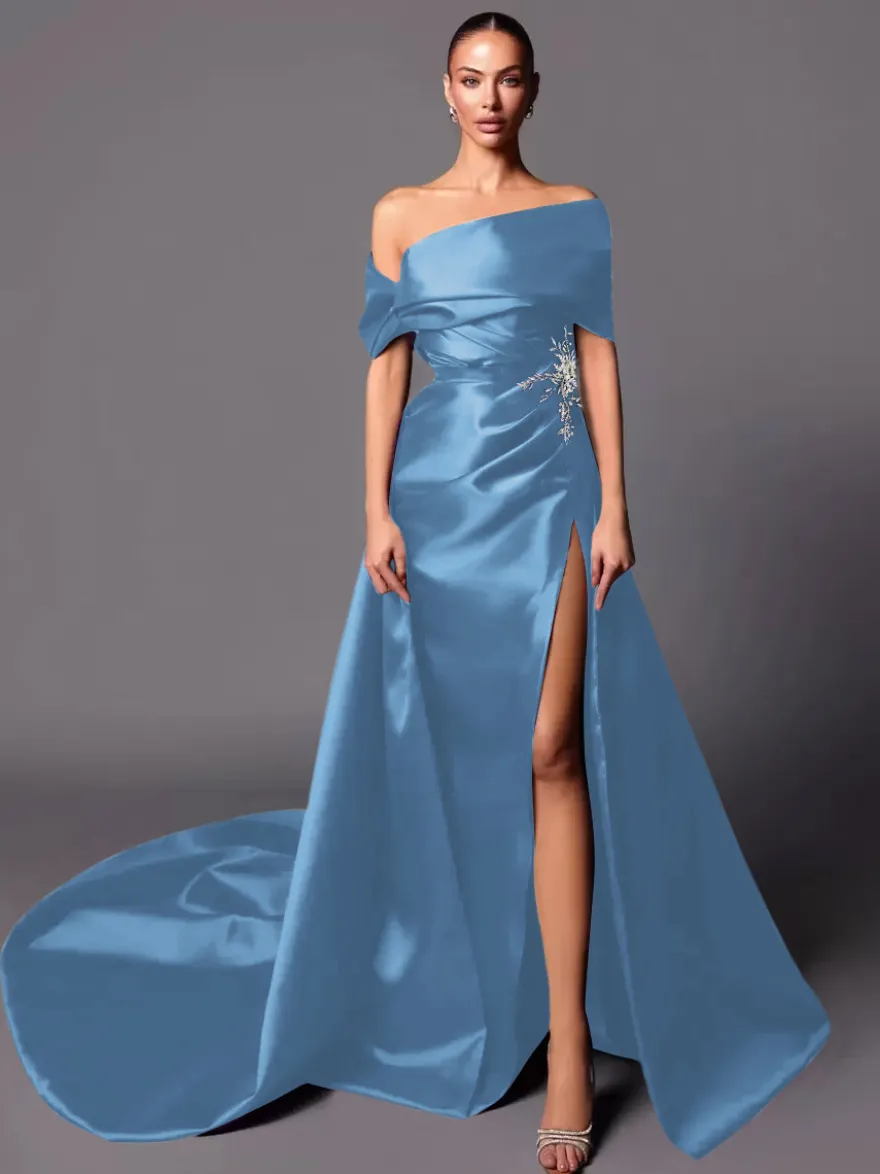 Robe de soirée trapèze à épaules dénudées avec traîne sans manches à lacets en tissu satiné plissé Robes de concours sociales