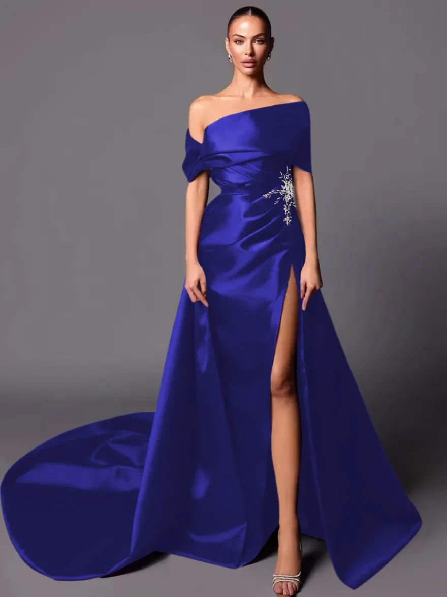 Robe de soirée trapèze à épaules dénudées avec traîne sans manches à lacets en tissu satiné plissé Robes de concours sociales
