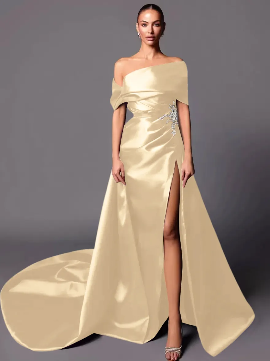 Robe de soirée trapèze à épaules dénudées avec traîne sans manches à lacets en tissu satiné plissé Robes de concours sociales