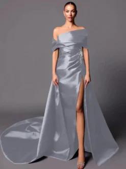 Robe de soirée trapèze à épaules dénudées avec traîne sans manches à lacets en tissu satiné plissé Robes de concours sociales