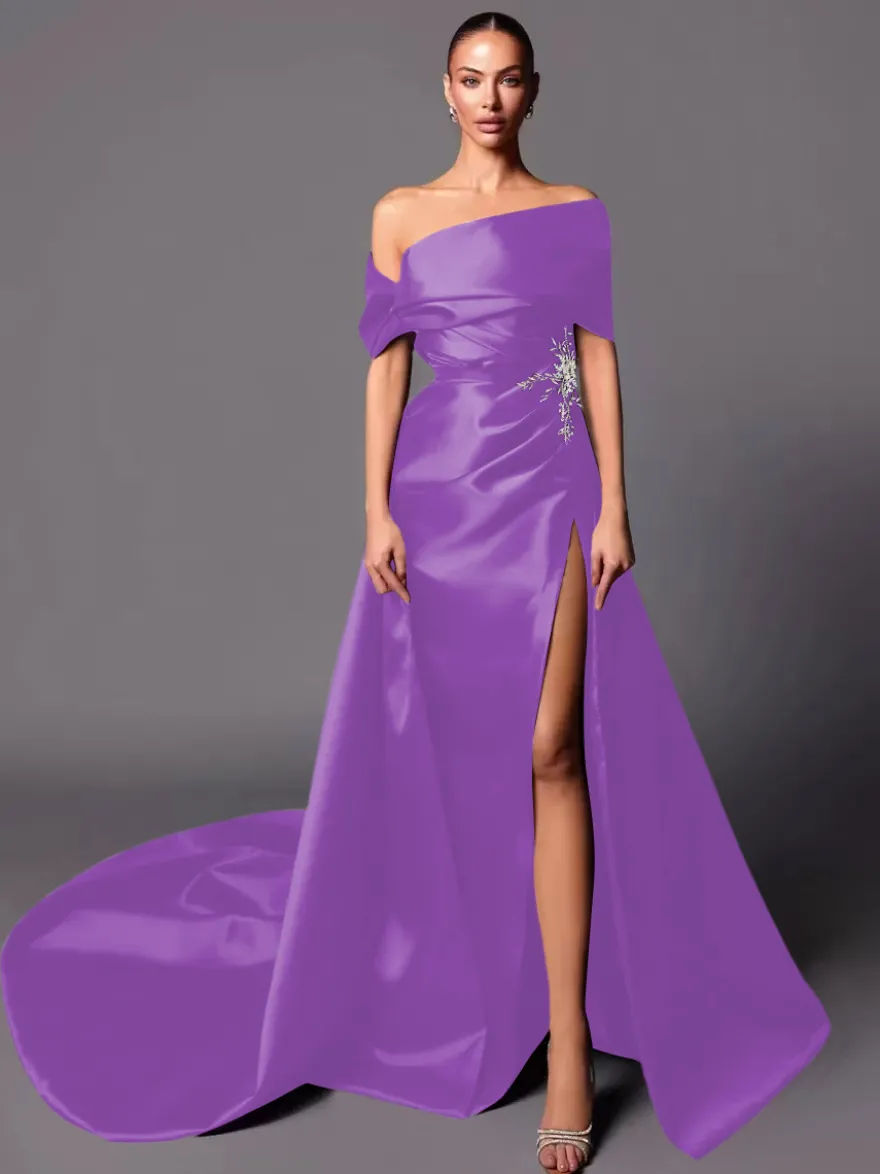Robe de soirée trapèze à épaules dénudées avec traîne sans manches à lacets en tissu satiné plissé Robes de concours sociales