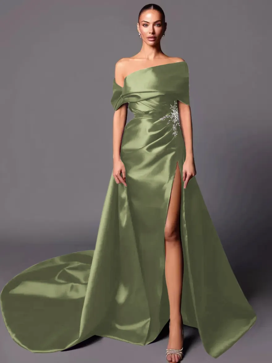 Robe de soirée trapèze à épaules dénudées avec traîne sans manches à lacets en tissu satiné plissé Robes de concours sociales