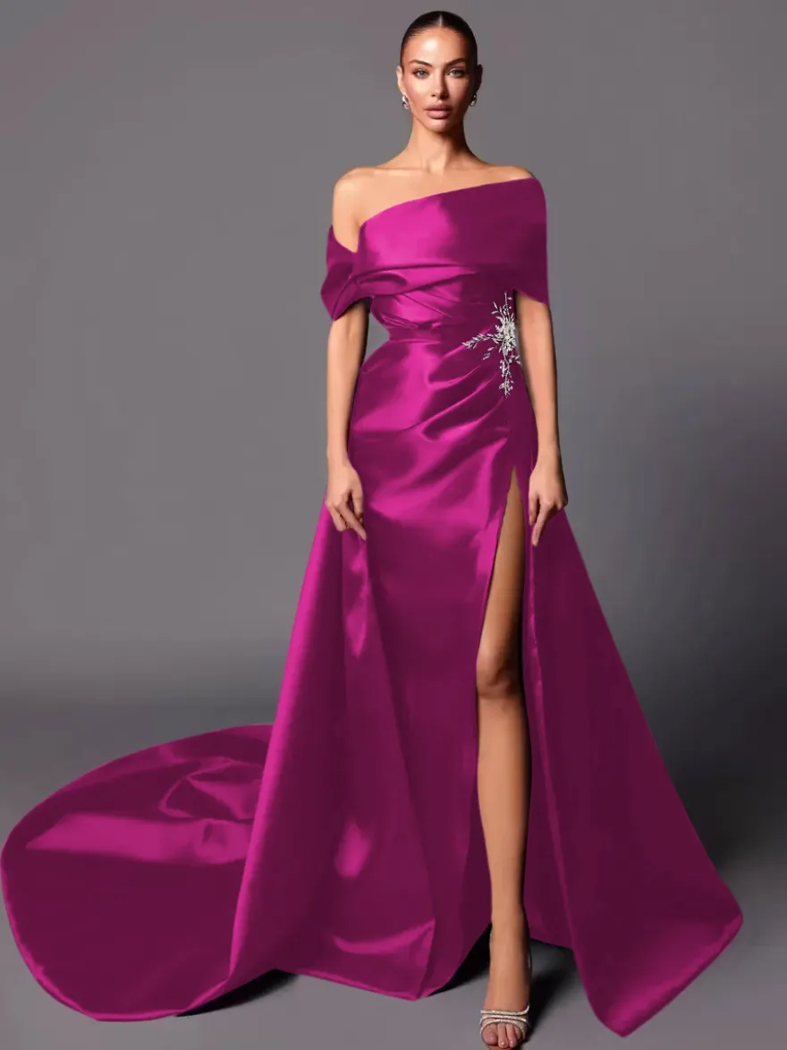 Robe de soirée trapèze à épaules dénudées avec traîne sans manches à lacets en tissu satiné plissé Robes de concours sociales