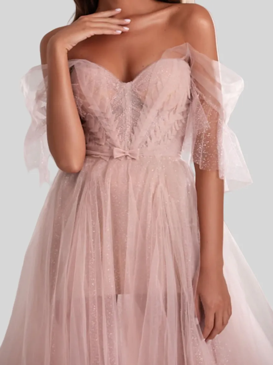 Robe de soirée trapèze sans bretelles en tulle avec nœuds de train robes de soirée sociale