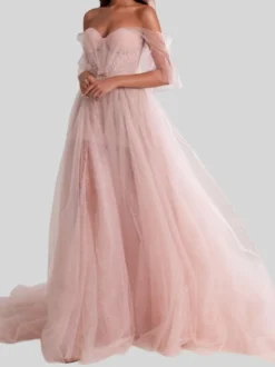Robe de soirée trapèze sans bretelles en tulle avec nœuds de train robes de soirée sociale